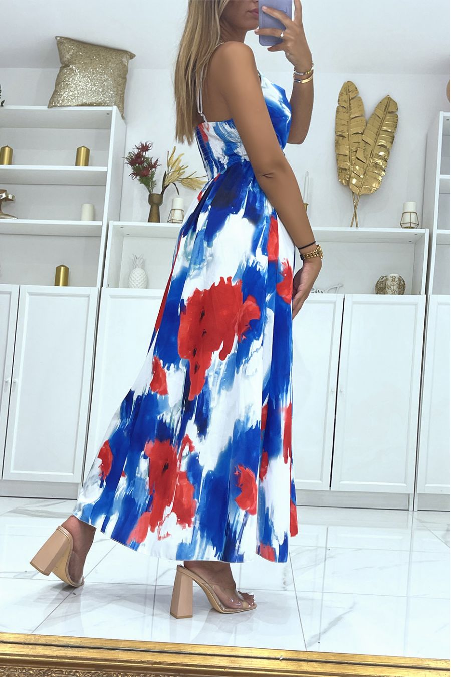 Long wrap dress with royal colored pattern and thin straps - 4