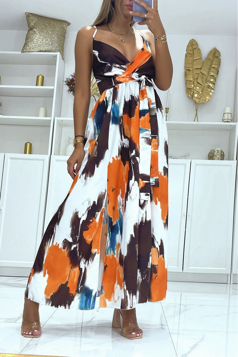 Long wrap dress with brown colored pattern and thin straps - 1