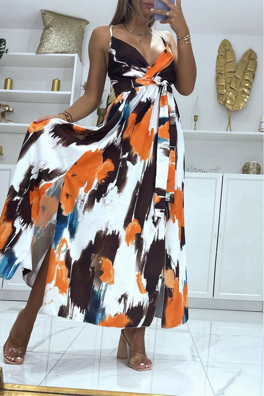 Long wrap dress with brown colored pattern and thin straps - 2