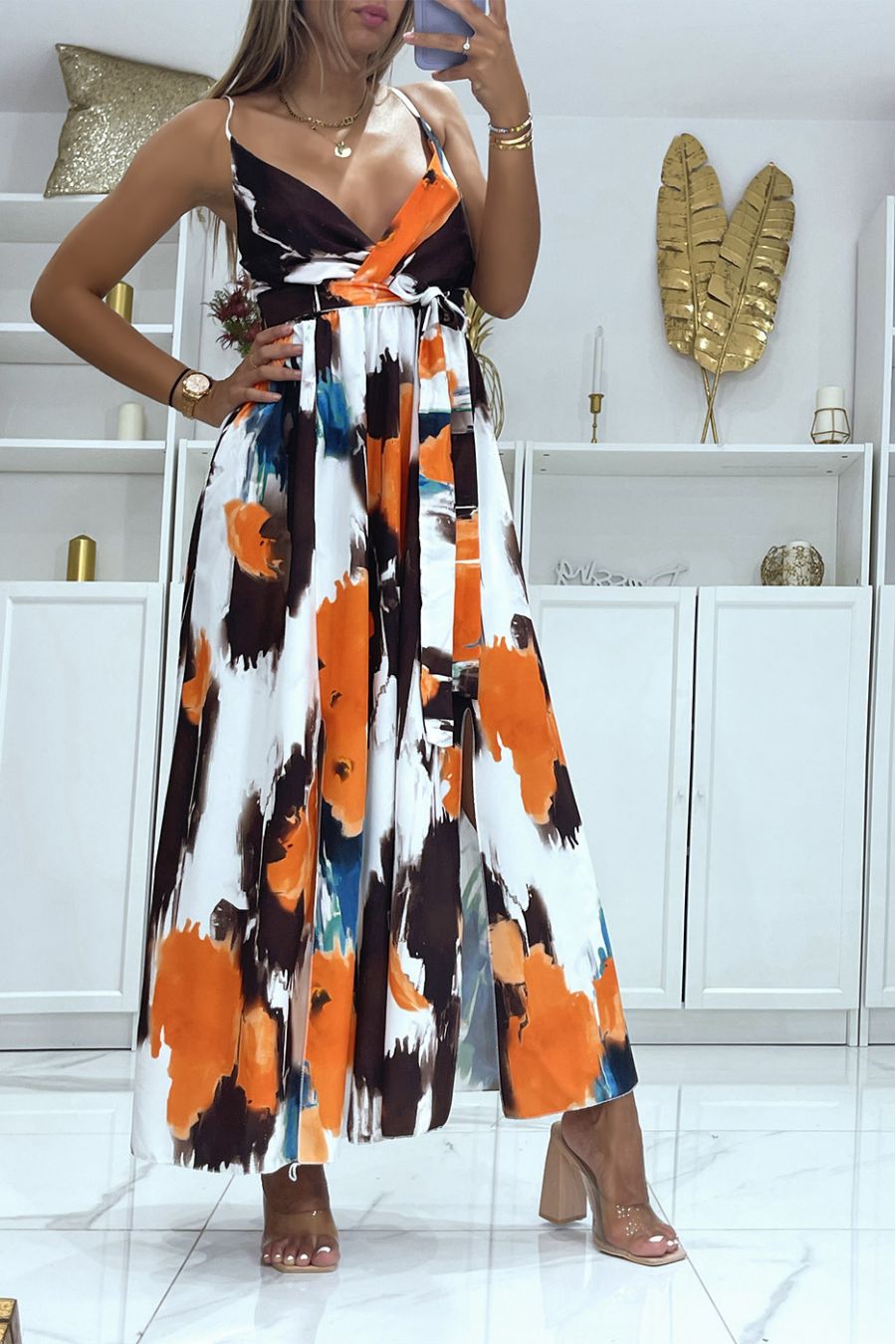 Long wrap dress with brown colored pattern and thin straps - 3