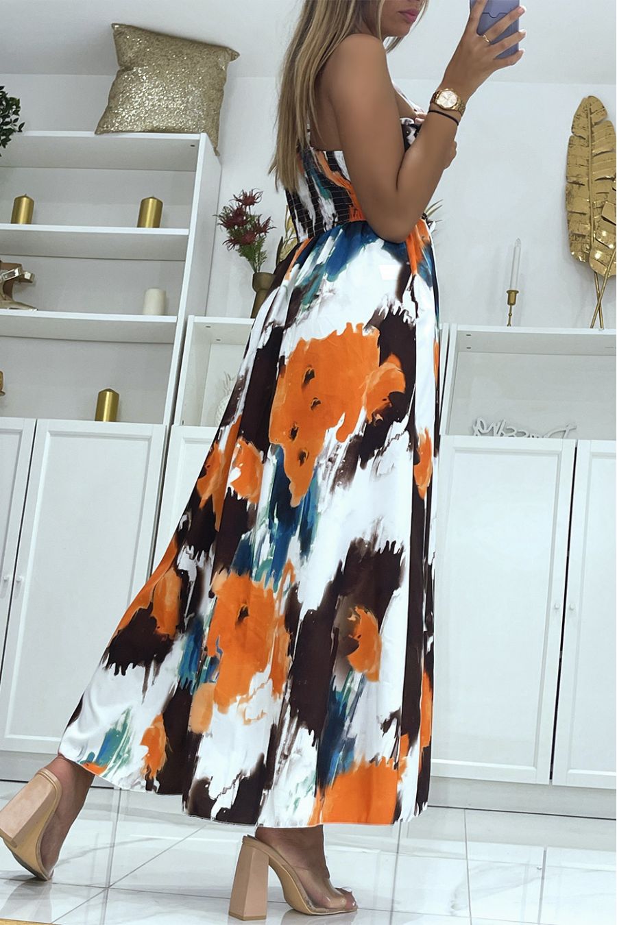 Long wrap dress with brown colored pattern and thin straps - 4