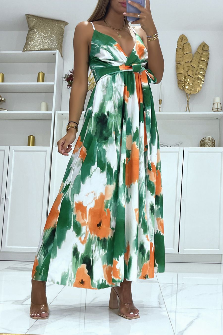 Long wrap dress with green colored pattern and thin straps - 1