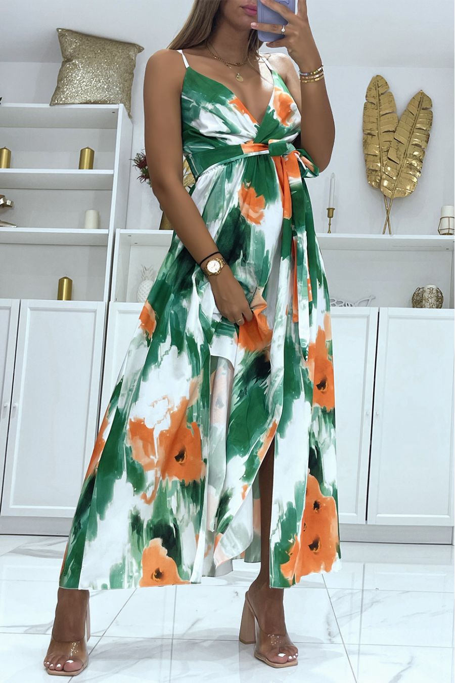Long wrap dress with green colored pattern and thin straps - 2