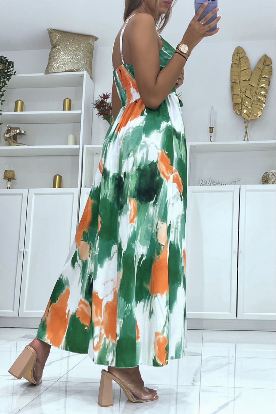 Lange wikkeljurk met groen gekleurd patroon en dunne bandjes - 4