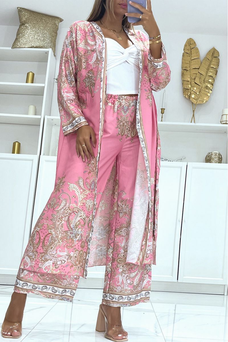 Roze soepelvallende kimono en broek set met oosters patroon - 1