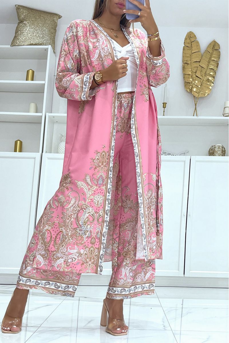 Pink fluid kimono and pants set with oriental pattern - 2