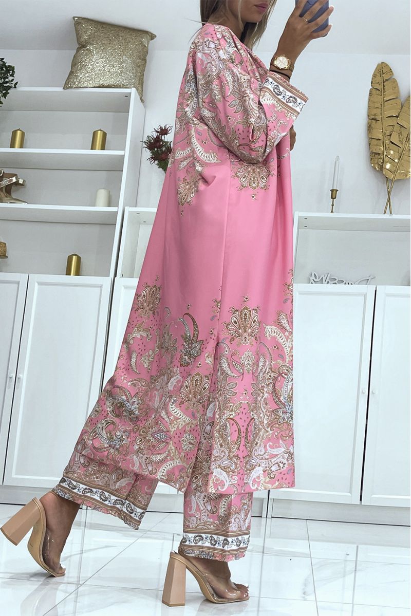 Ensemble kimono et pantalon fluide rose à motif oriental - 3
