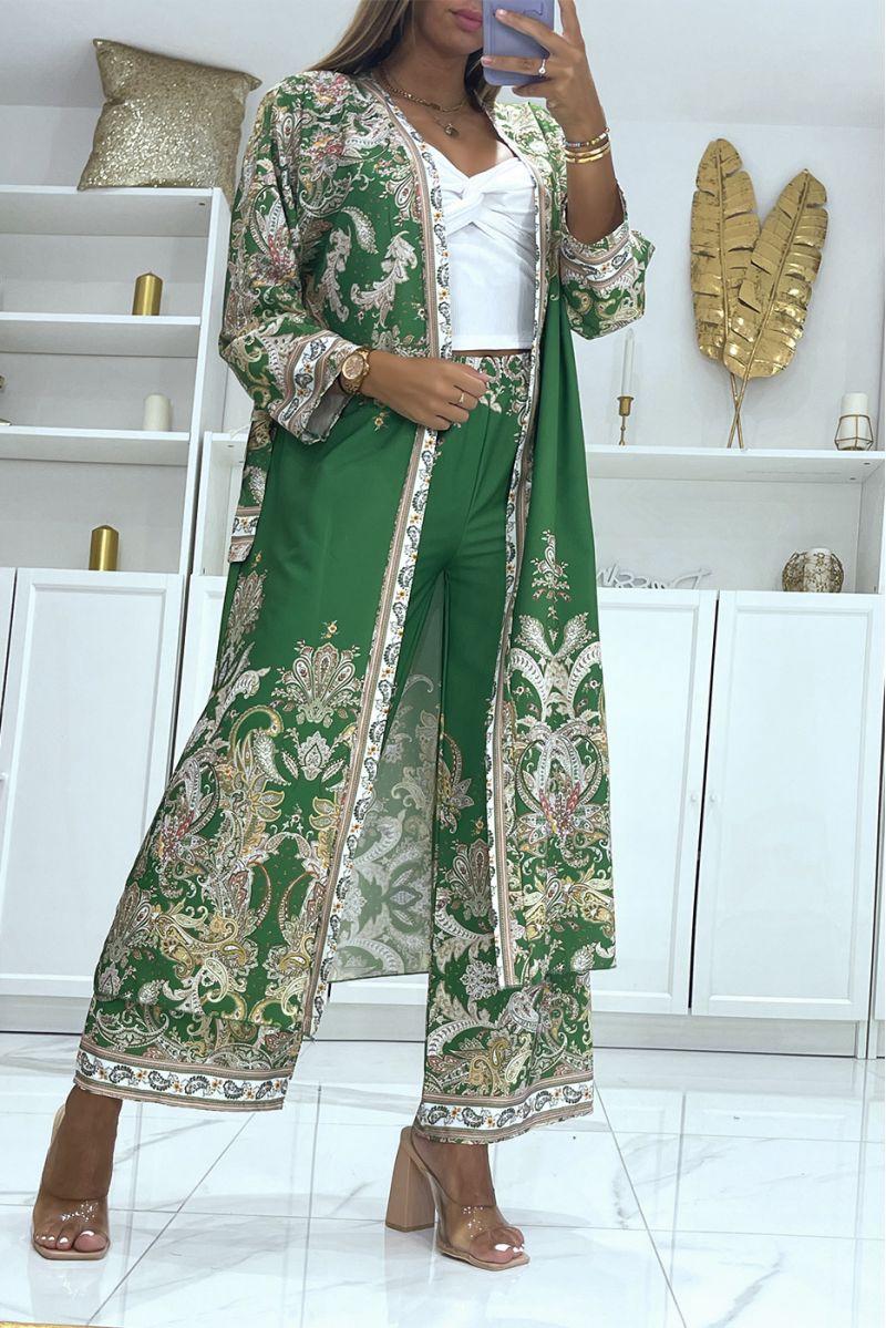 Green flowing kimono and pants set with oriental pattern - 1