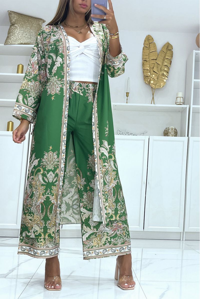 Green flowing kimono and pants set with oriental pattern - 2