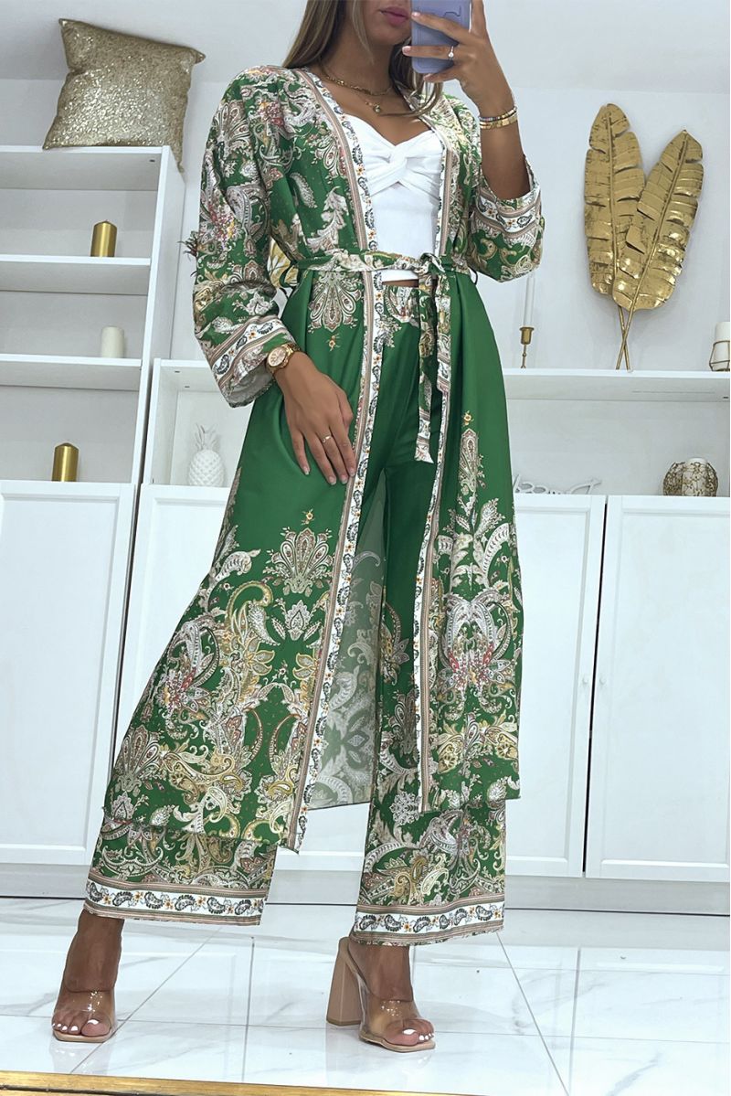 Green flowing kimono and pants set with oriental pattern - 3