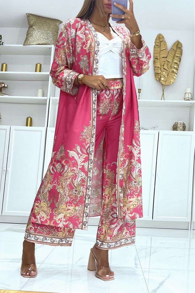 Fuchsia fluid kimono and pants set with oriental pattern - 1