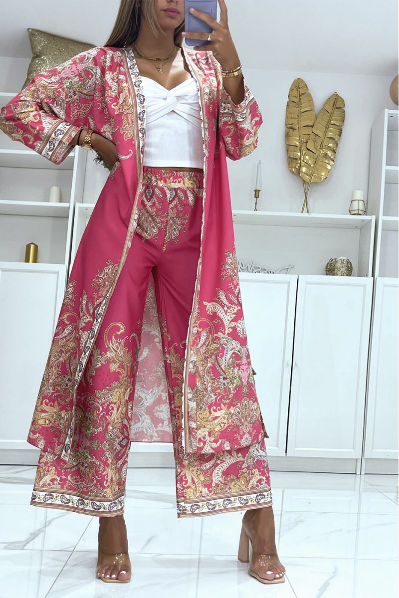 Fuchsia fluid kimono and pants set with oriental pattern