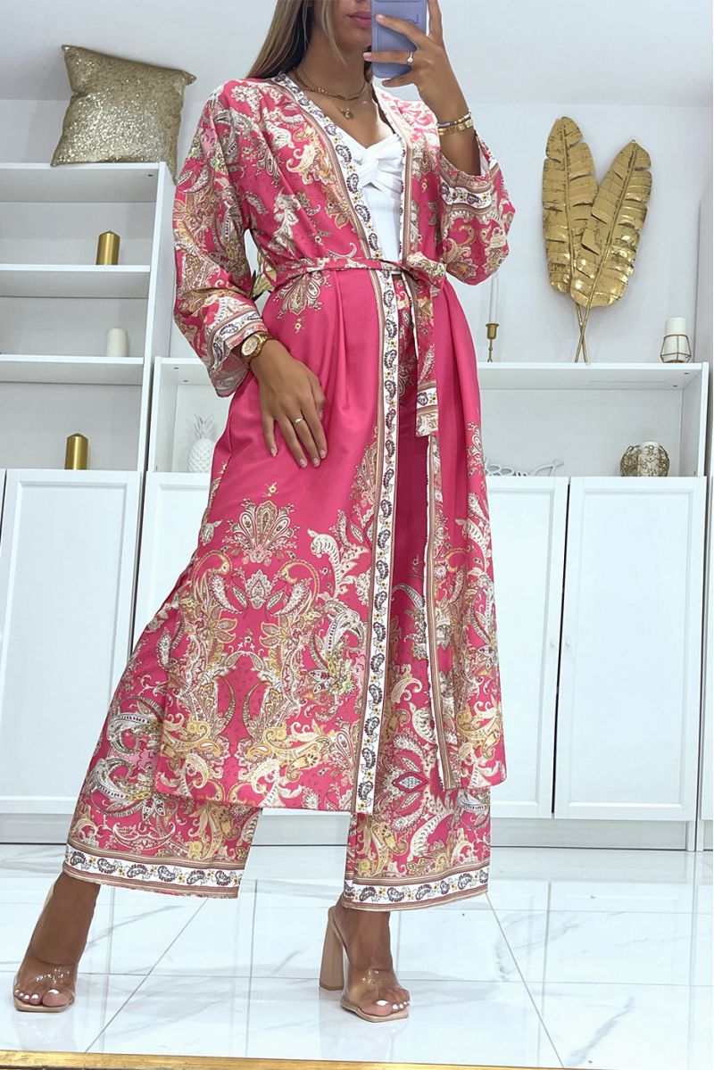 Ensemble kimono et pantalon fluide fuchsia à motif oriental - 3