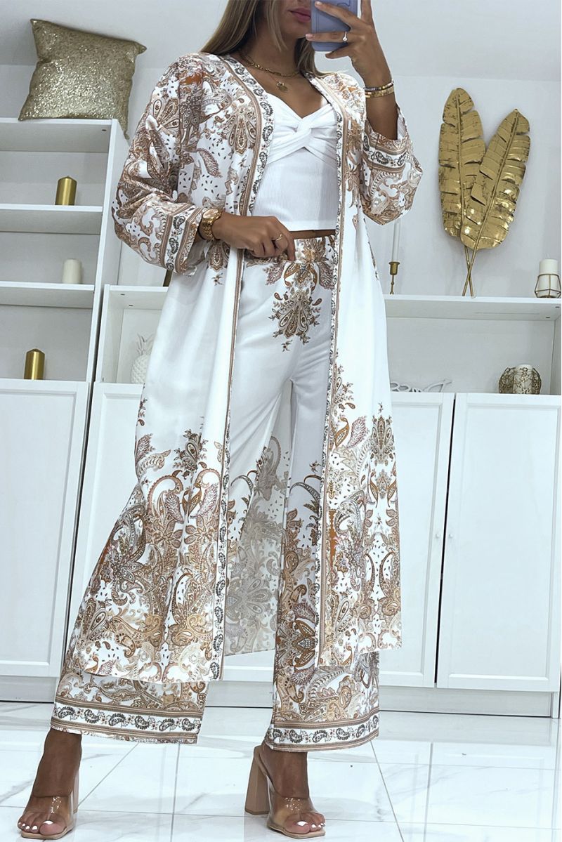 White kimono and flowing pants set with oriental pattern - 1