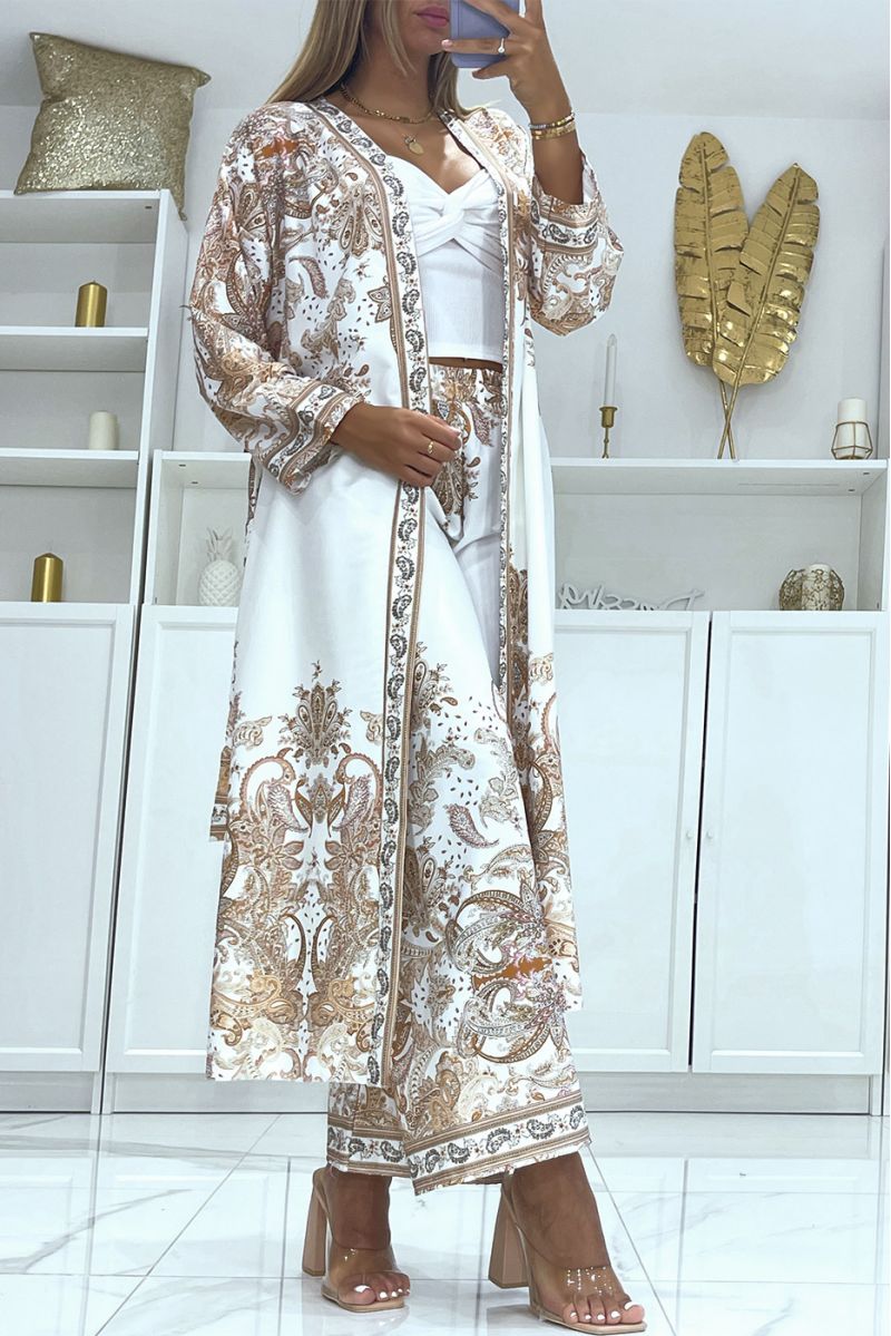 White kimono and flowing pants set with oriental pattern - 3