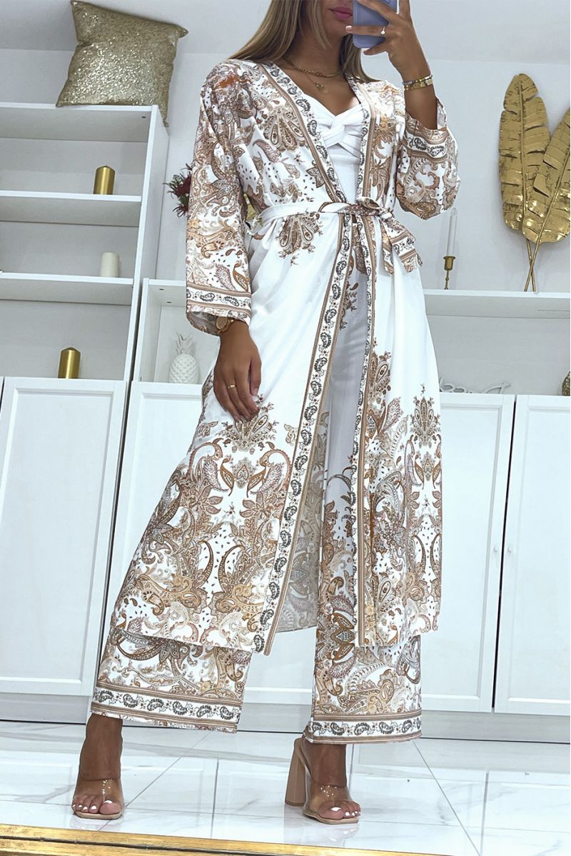 White kimono and flowing pants set with oriental pattern - 4