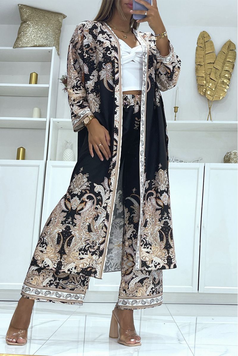 Zwarte soepelvallende kimono en broek set met oosters patroon - 1