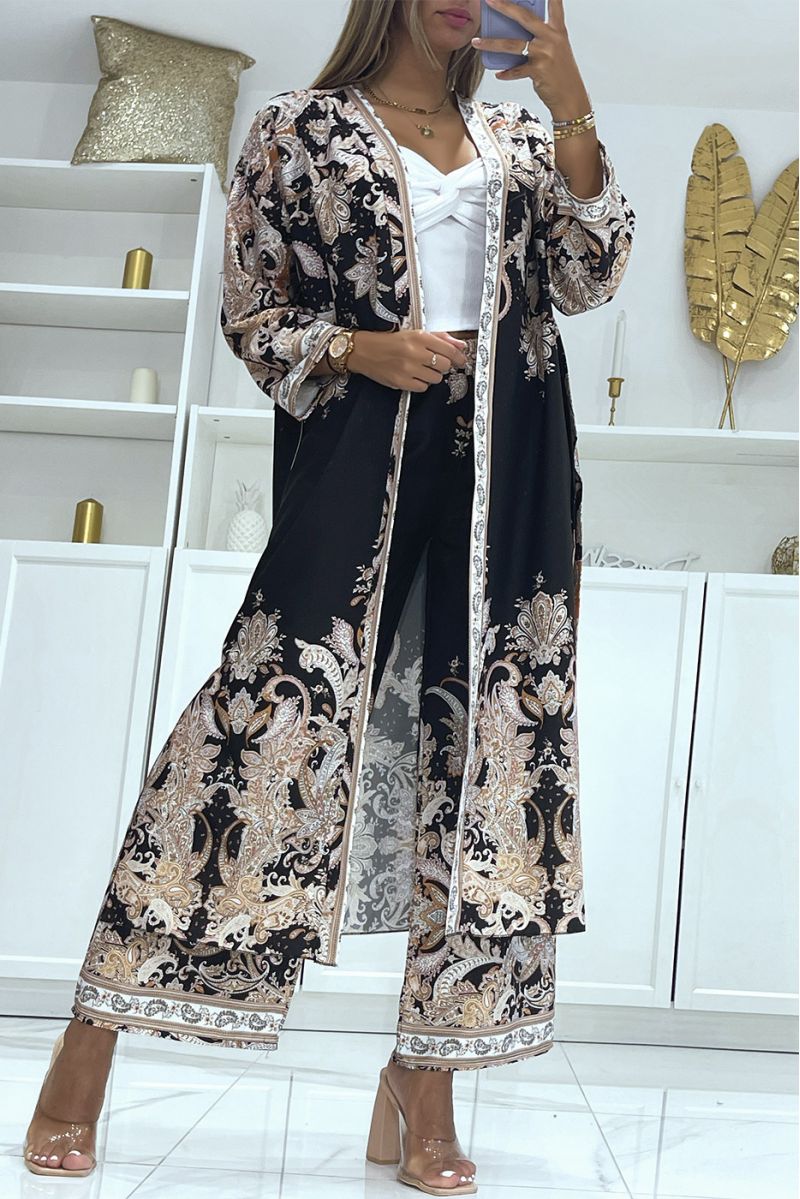 Ensemble kimono et pantalon fluide noir à motif oriental - 2