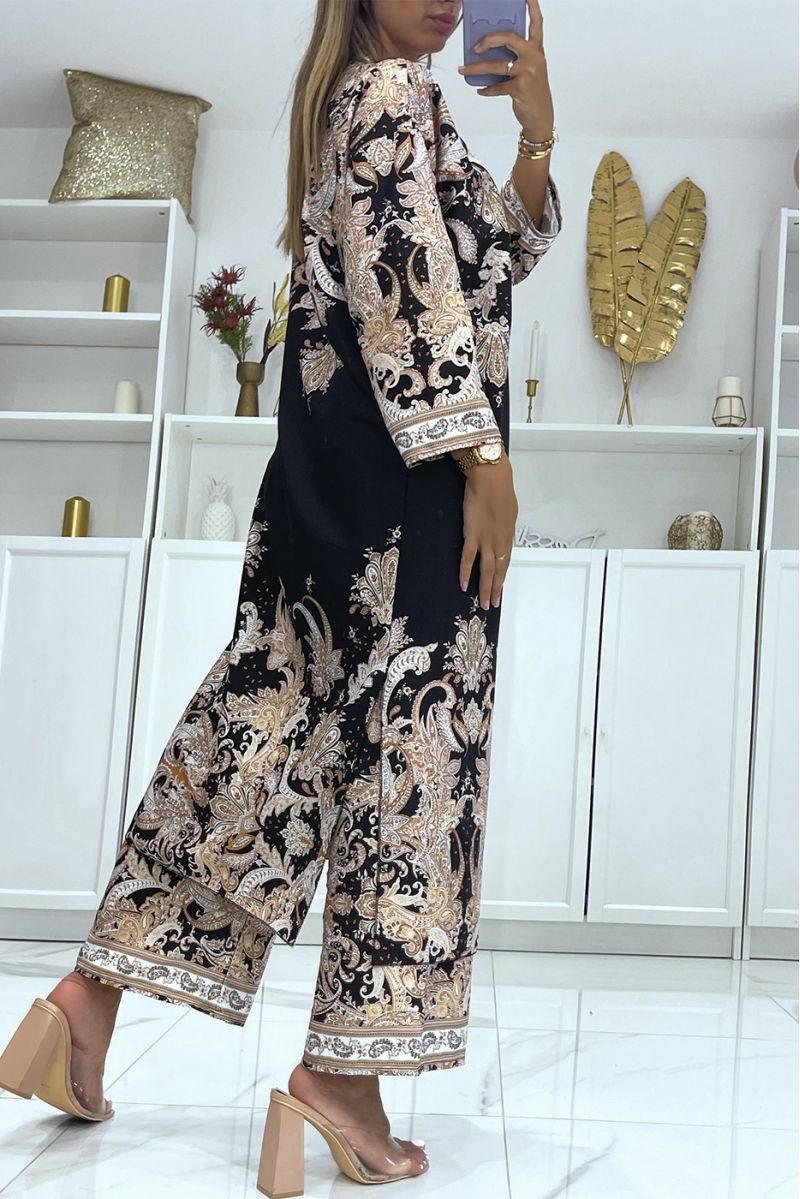 Zwarte soepelvallende kimono en broek set met oosters patroon - 3