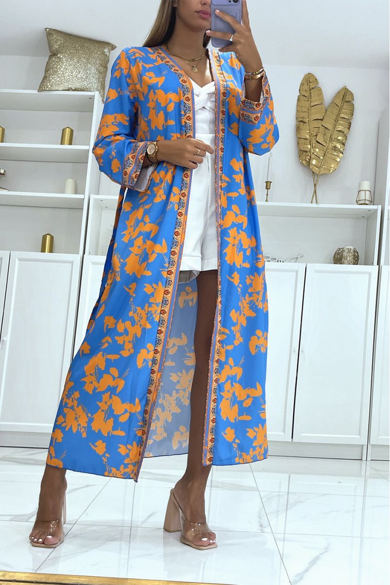 Sublime silk kimono with blue and orange pattern - 1