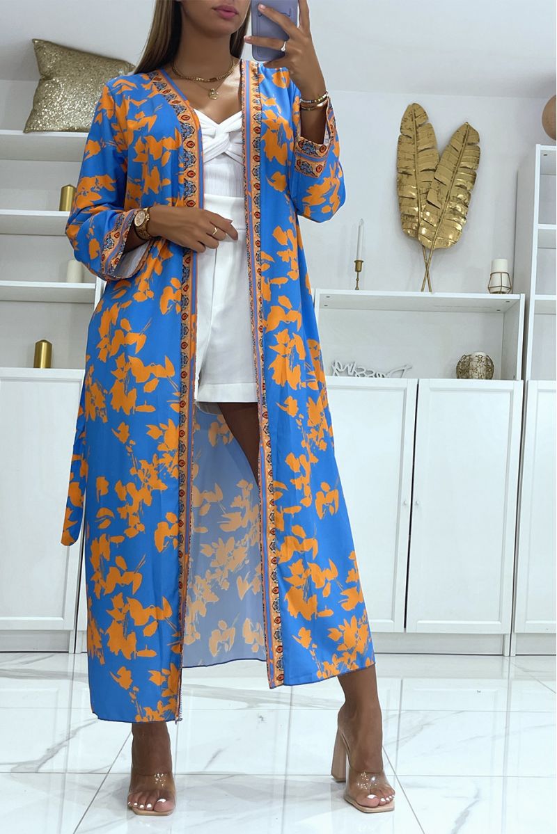 Sublieme zijden kimono met blauw en oranje patroon - 2
