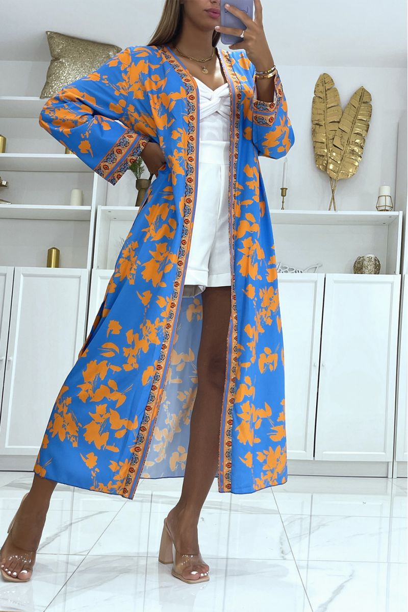 Sublime silk kimono with blue and orange pattern - 3
