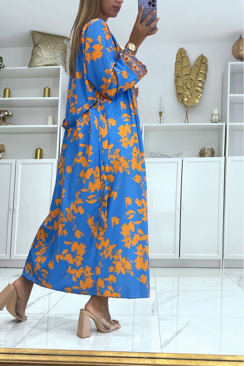 Sublieme zijden kimono met blauw en oranje patroon - 4