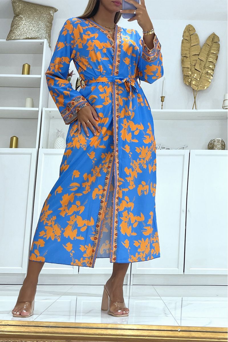 Sublieme zijden kimono met blauw en oranje patroon - 5
