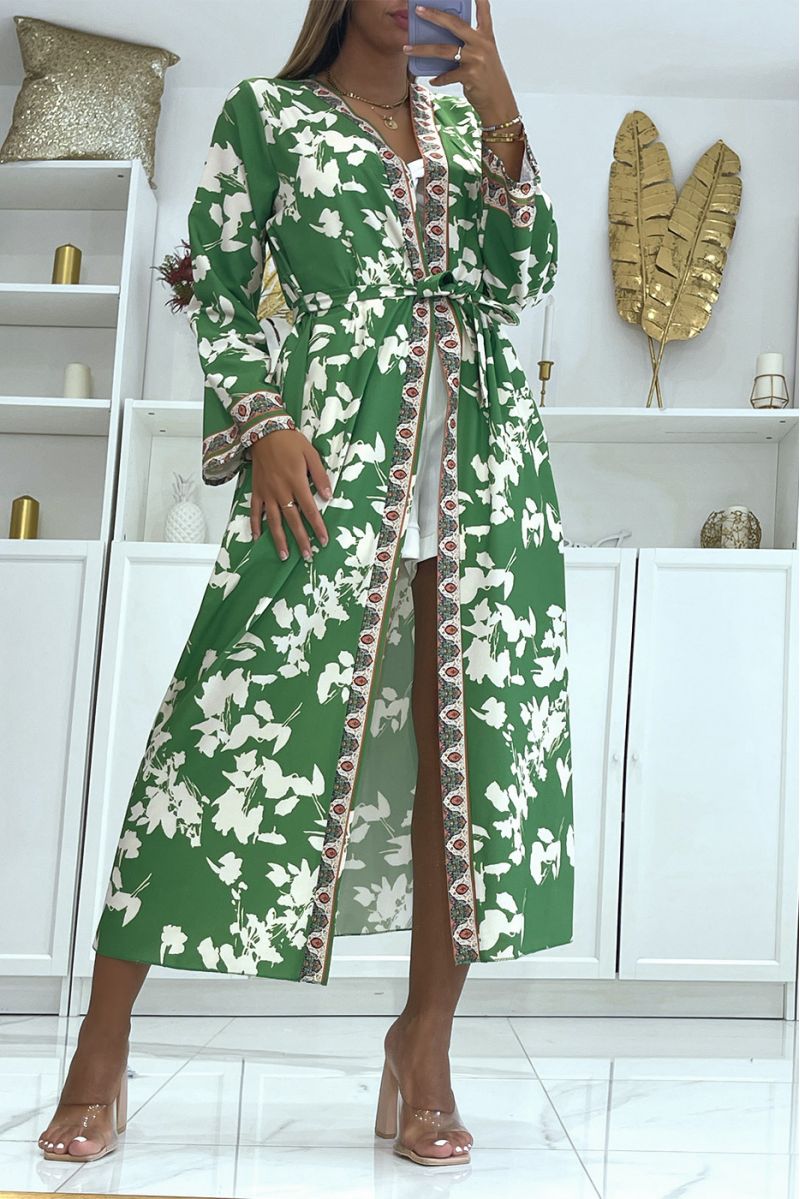 Sublime silk kimono with green and white pattern - 1