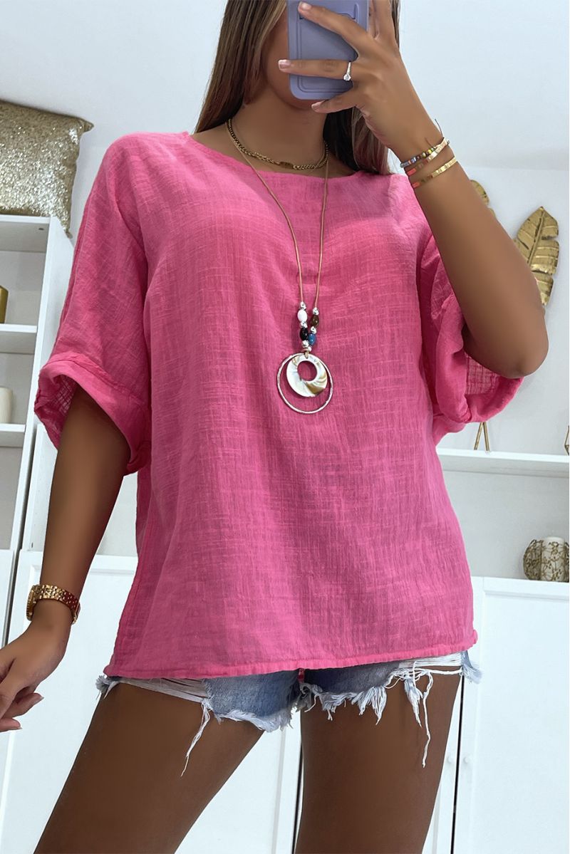 Multicolored linen-effect pink blouse with loose and comfortable round neck ideal for the season