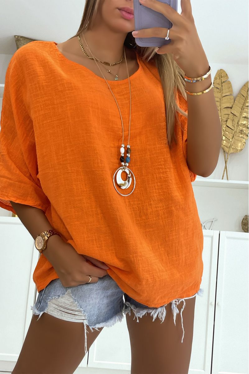 Oranje veelkleurige blouse met linneneffect en een losse en comfortabele ronde hals, ideaal voor het seizoen - 3
