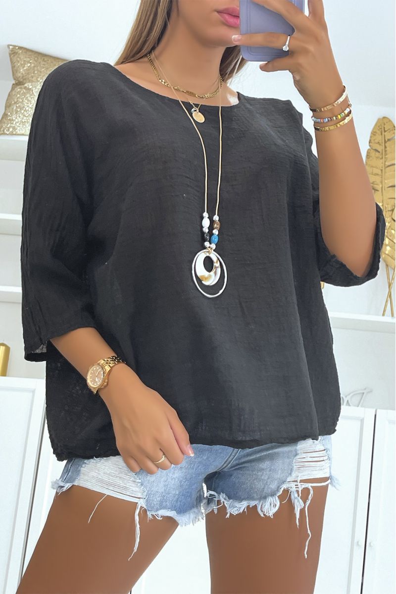 Black multicolored linen-effect blouse with loose and comfortable round neck ideal for the season - 1
