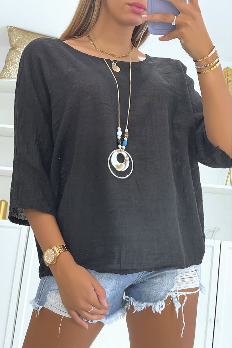 Black multicolored linen-effect blouse with loose and comfortable round neck ideal for the season - 2