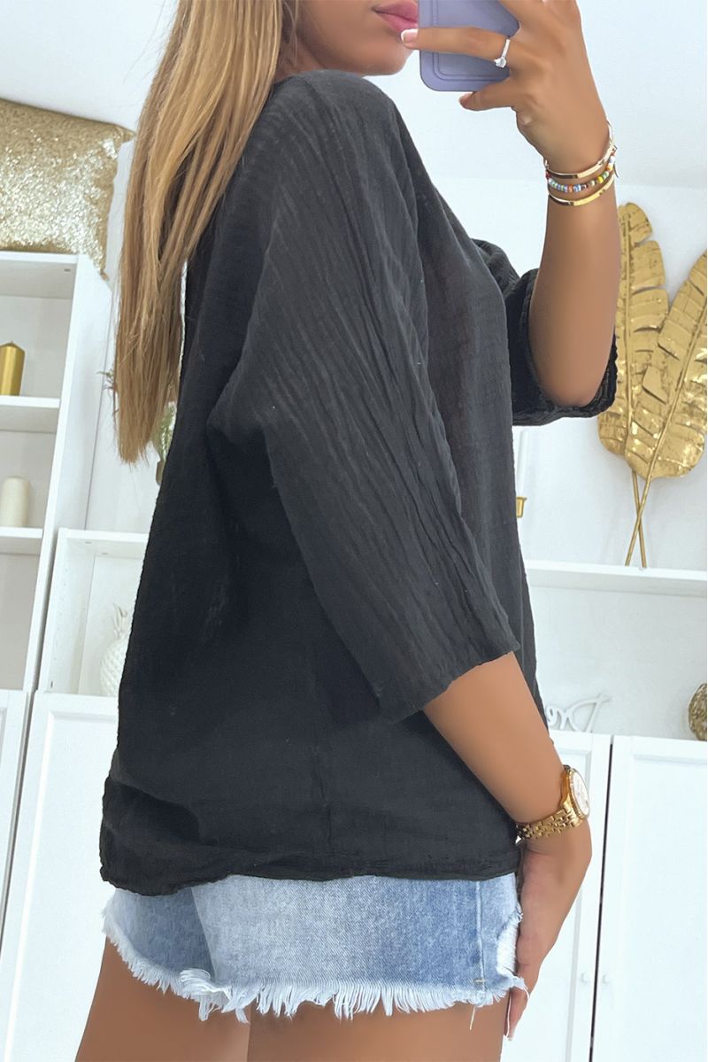 Black multicolored linen-effect blouse with loose and comfortable round neck ideal for the season - 4