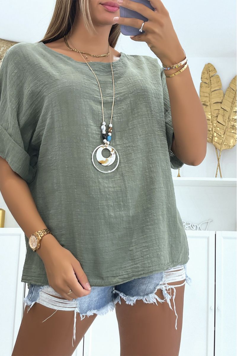 Multicolored linen effect khaki blouse with loose and comfortable round neck ideal for the season - 1