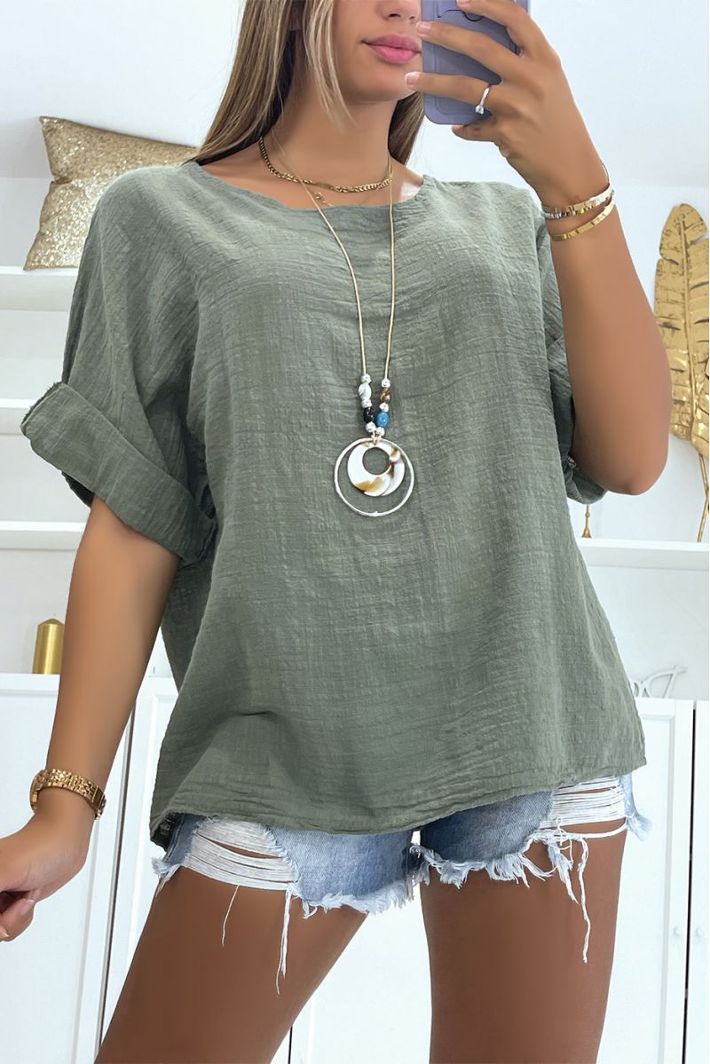 Multicolored linen effect khaki blouse with loose and comfortable round neck ideal for the season - 2