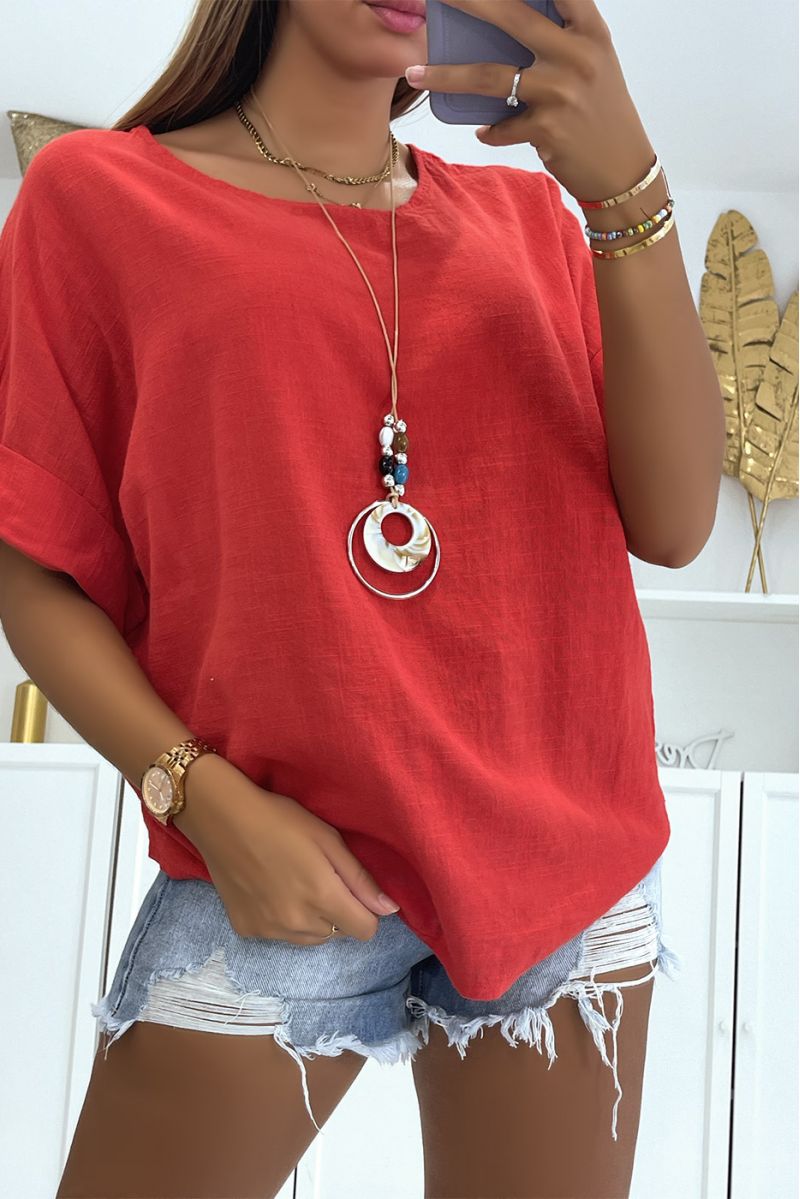 Multicolored linen effect red blouse with loose and comfortable round neck ideal for the season - 1