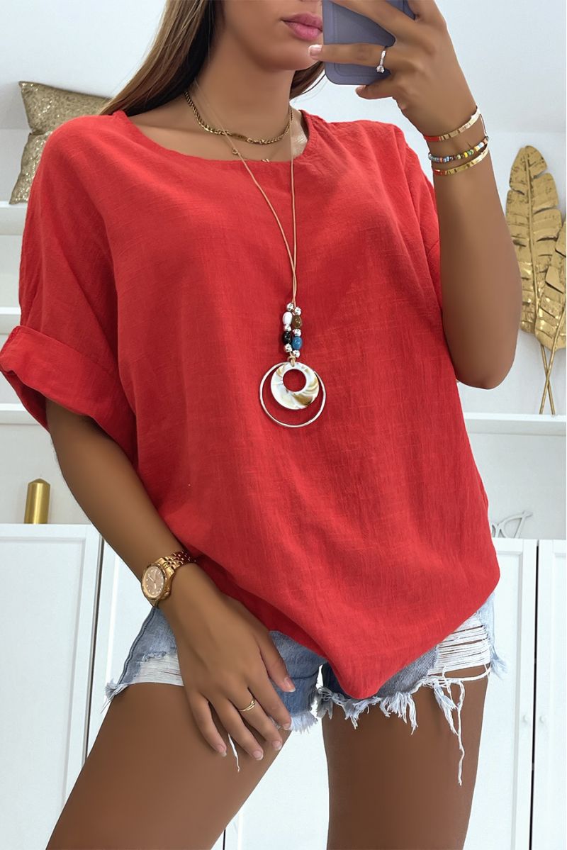 Multicolored linen effect red blouse with loose and comfortable round neck ideal for the season - 2