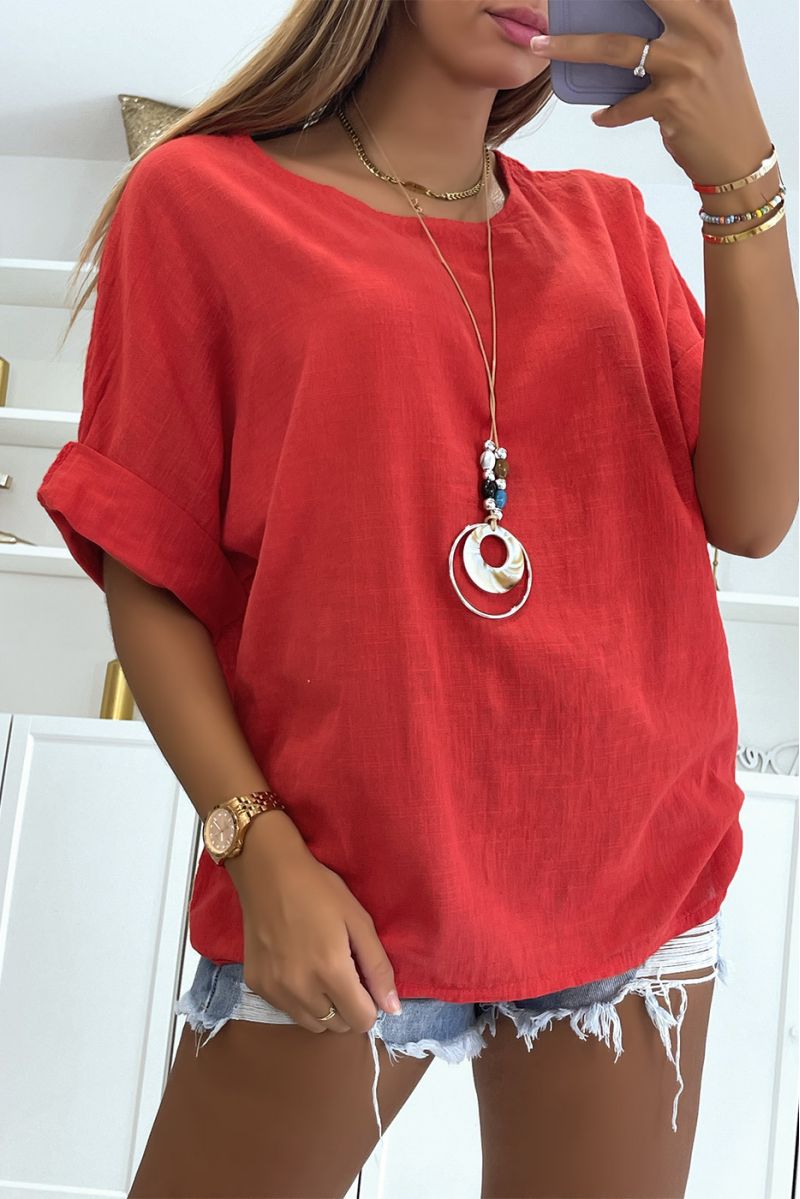 Veelkleurige rode blouse met linneneffect en losse en comfortabele ronde hals, ideaal voor het seizoen - 3