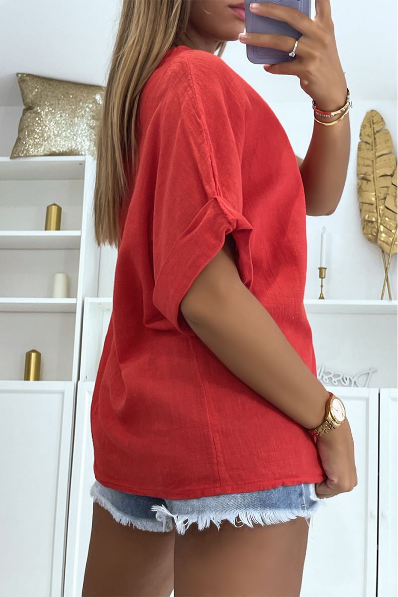 Veelkleurige rode blouse met linneneffect en losse en comfortabele ronde hals, ideaal voor het seizoen - 4