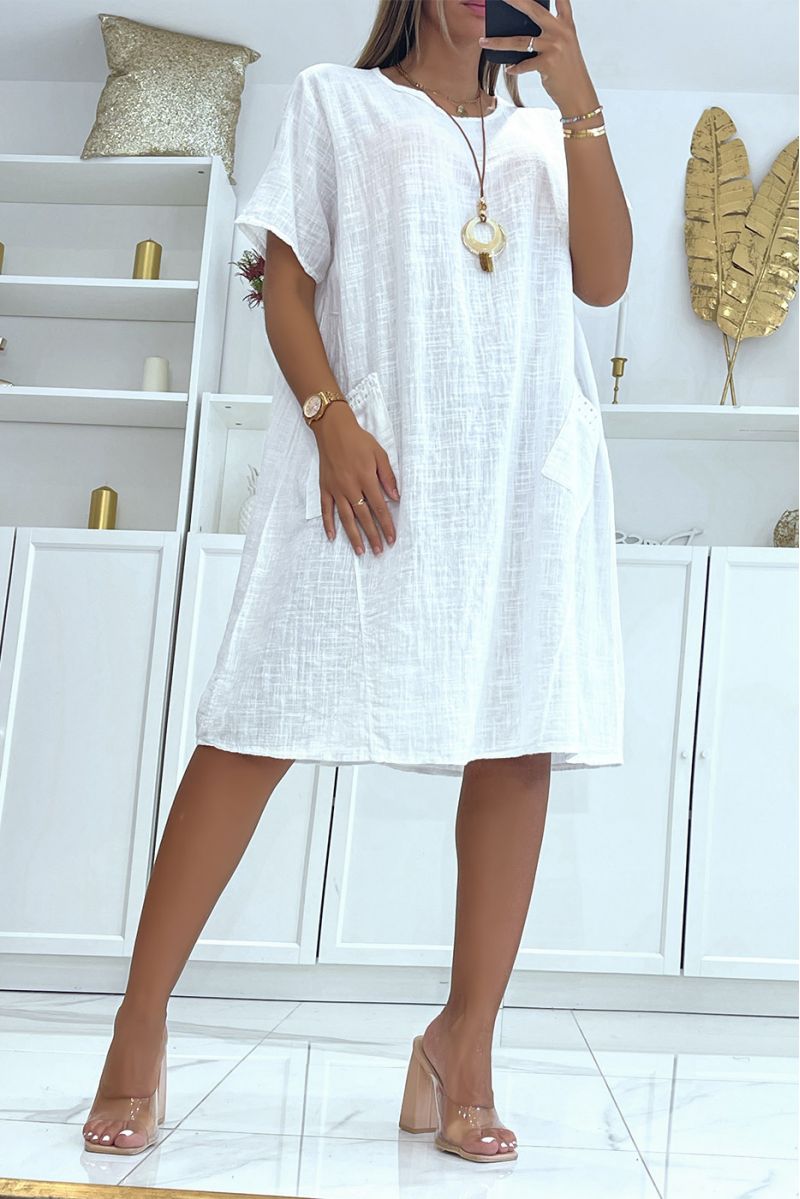 Oversize tunic dress in white cotton with pockets and necklace very comfortable to wear - 1