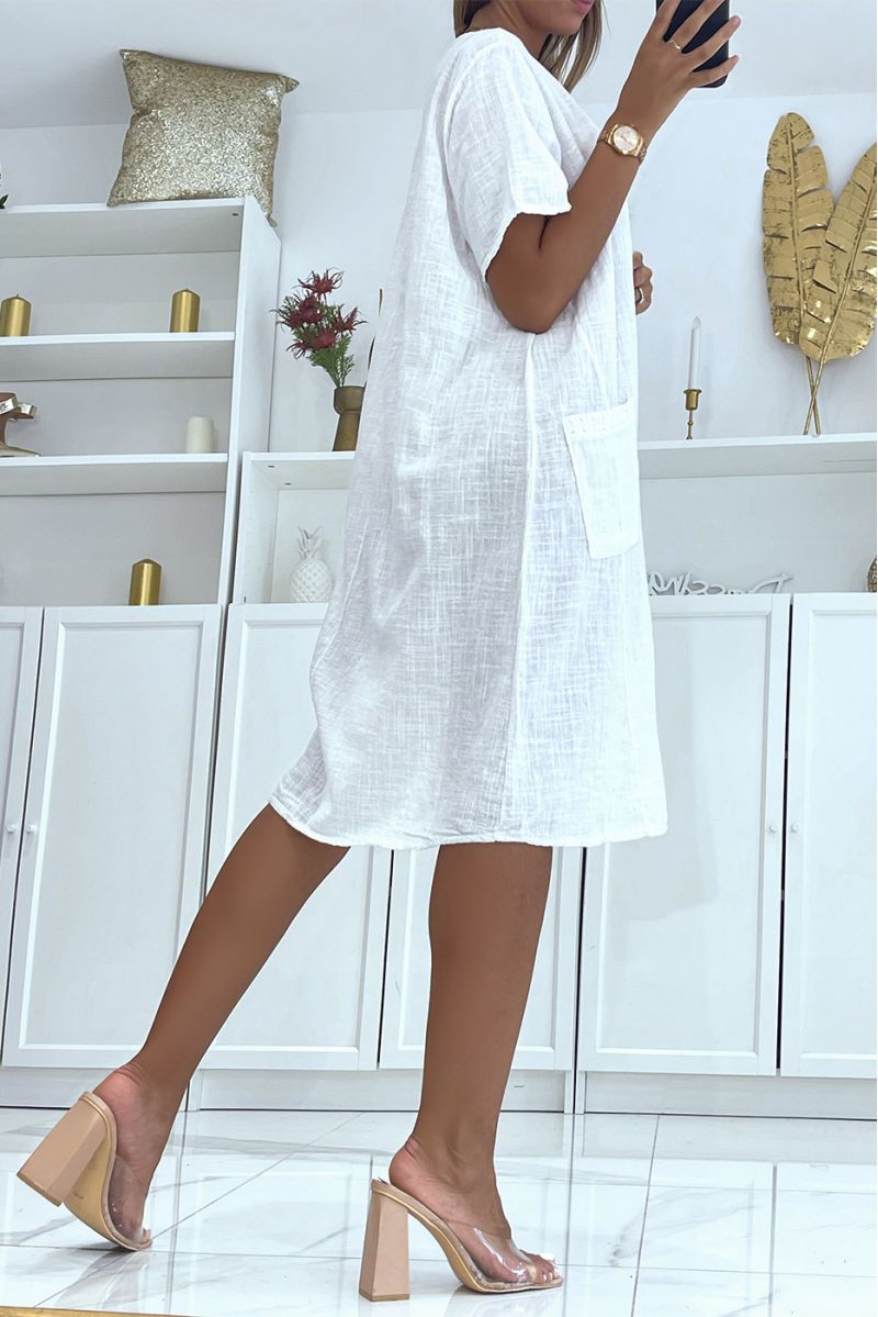 Oversize tunic dress in white cotton with pockets and necklace very comfortable to wear - 4