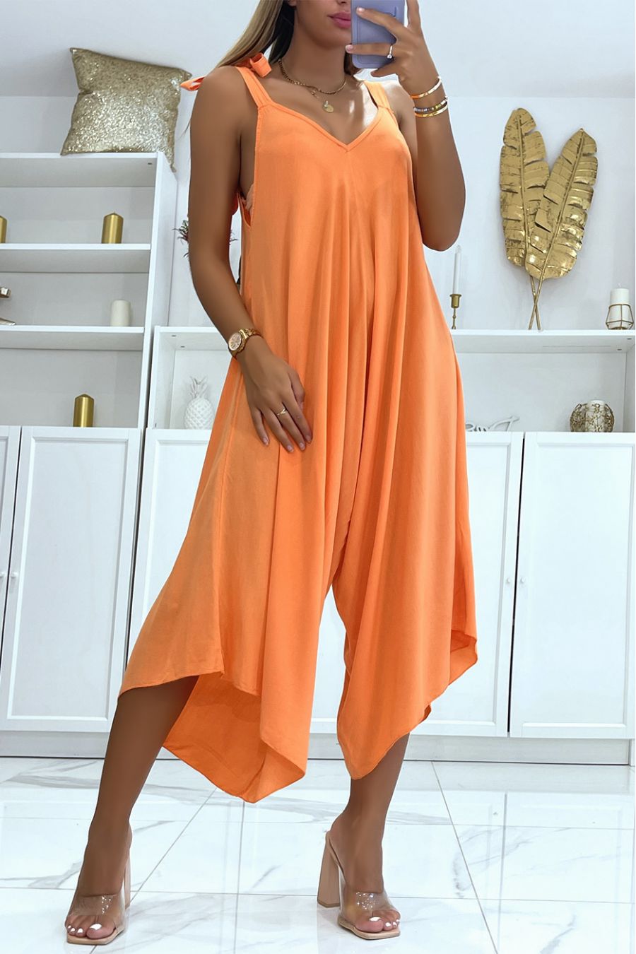 Combinaison d'été fluide orange style sarouel asymétrique - 1