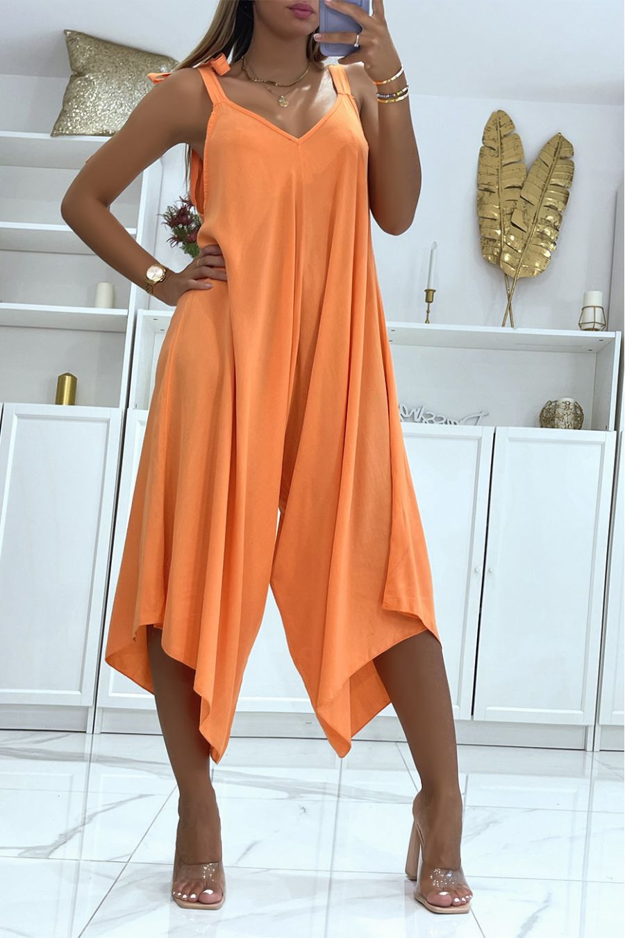 Asymmetrische oranje sarouel-stijl vloeiende zomerjumpsuit - 2