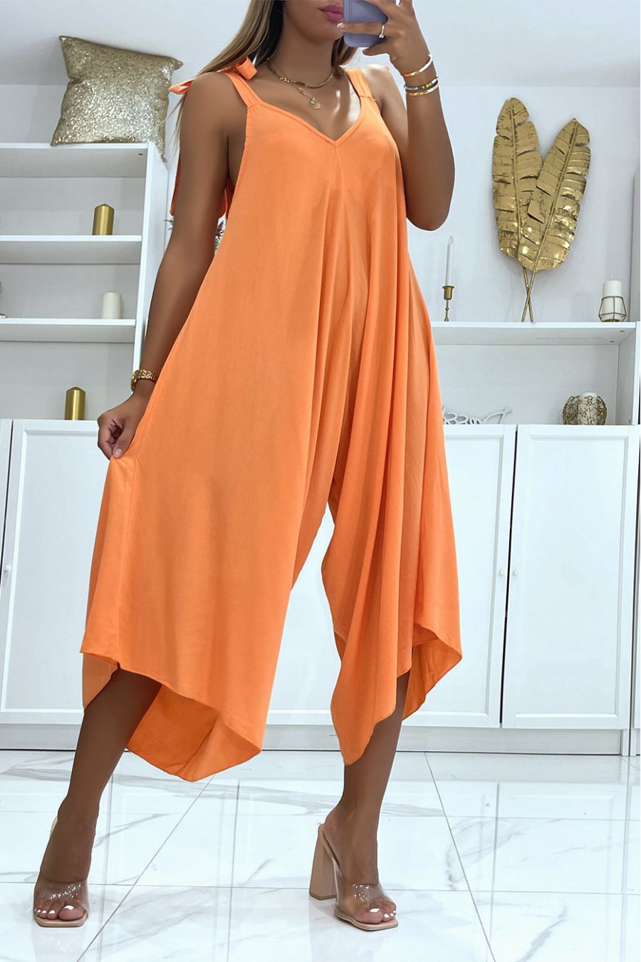 Asymmetrische oranje sarouel-stijl vloeiende zomerjumpsuit - 3