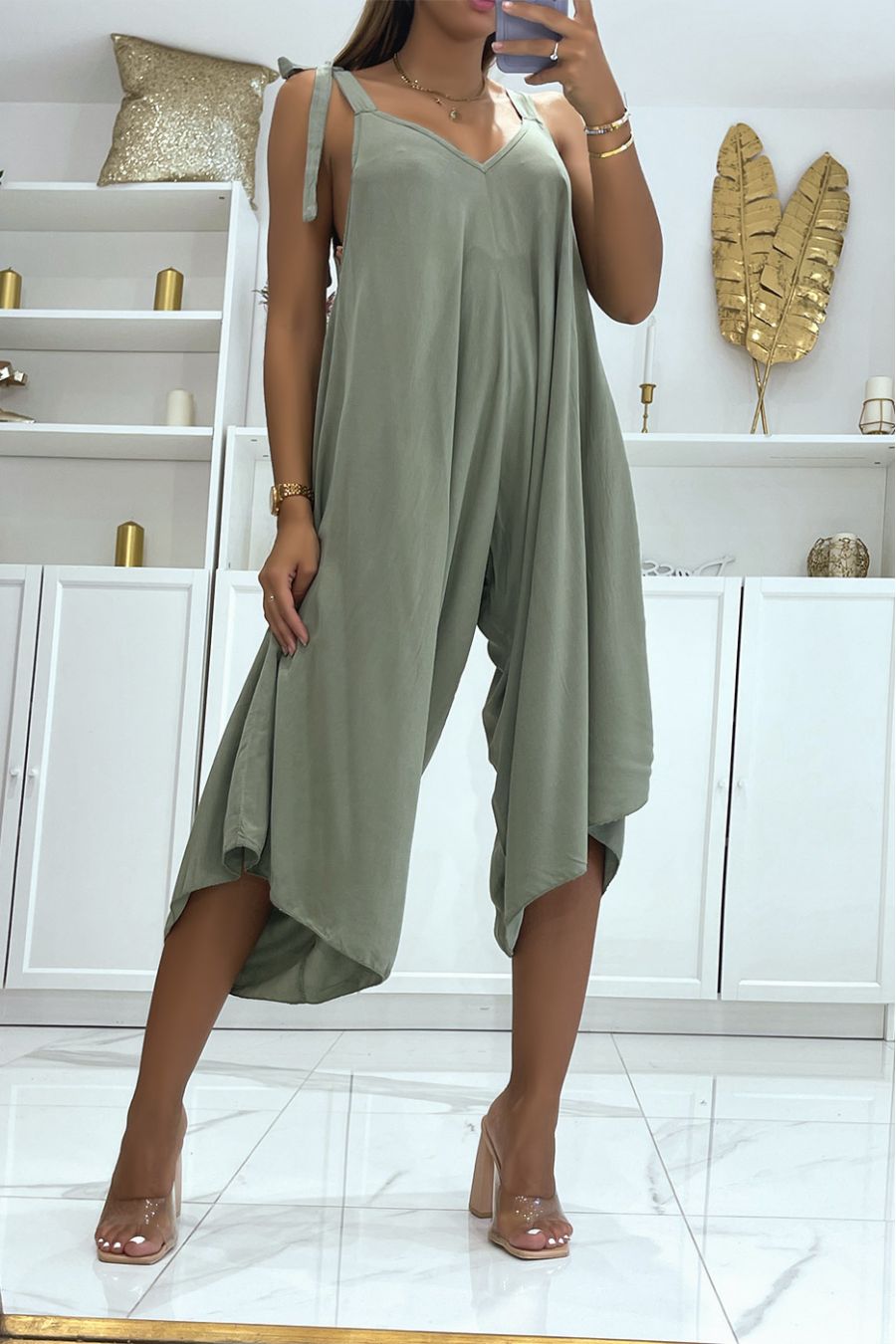 Asymmetrische haremstijl kaki soepelvallende zomerjumpsuit - 1