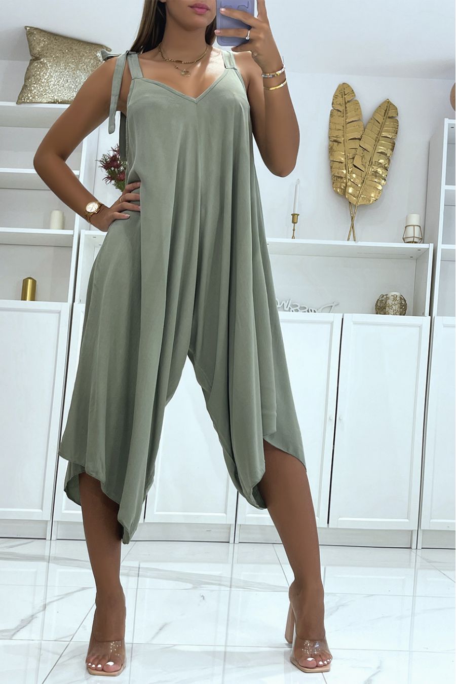 Asymmetric harem style khaki fluid summer jumpsuit - 2