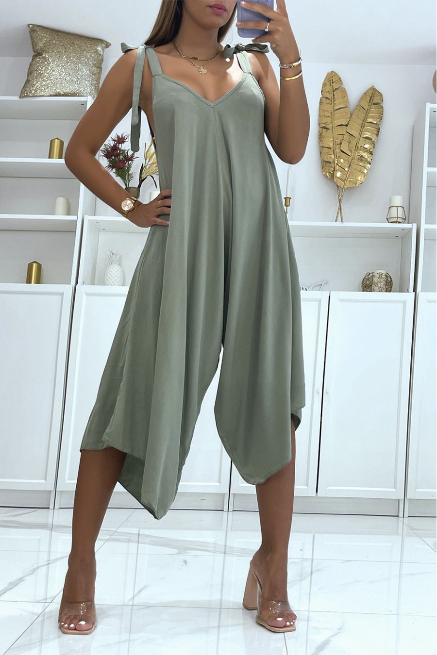 Combinaison d'été fluide kaki style sarouel asymétrique - 3