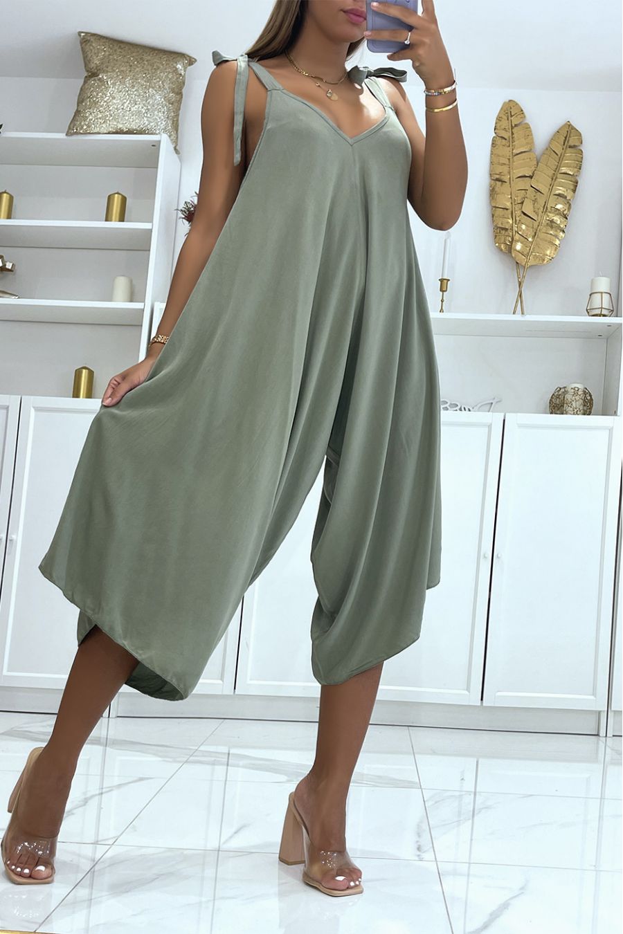 Asymmetrische haremstijl kaki soepelvallende zomerjumpsuit - 4