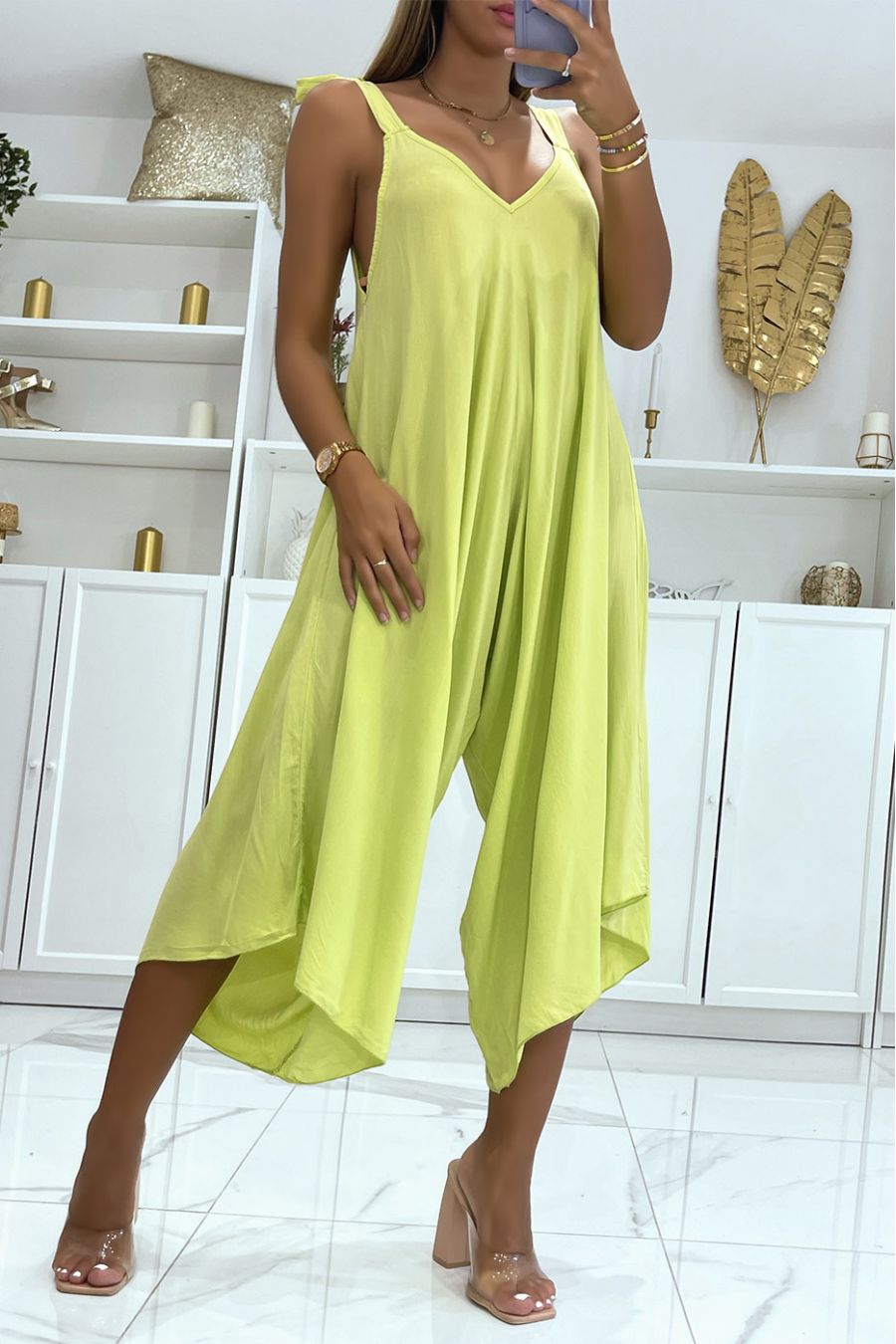 Combinaison d'été fluide pistache style sarouel asymétrique - 1